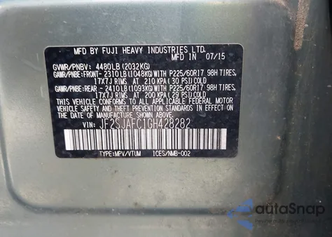 2016 Subaru Forester 2.5I Premium из США, поврежденный, VIN JF2SJAFC1GH428282